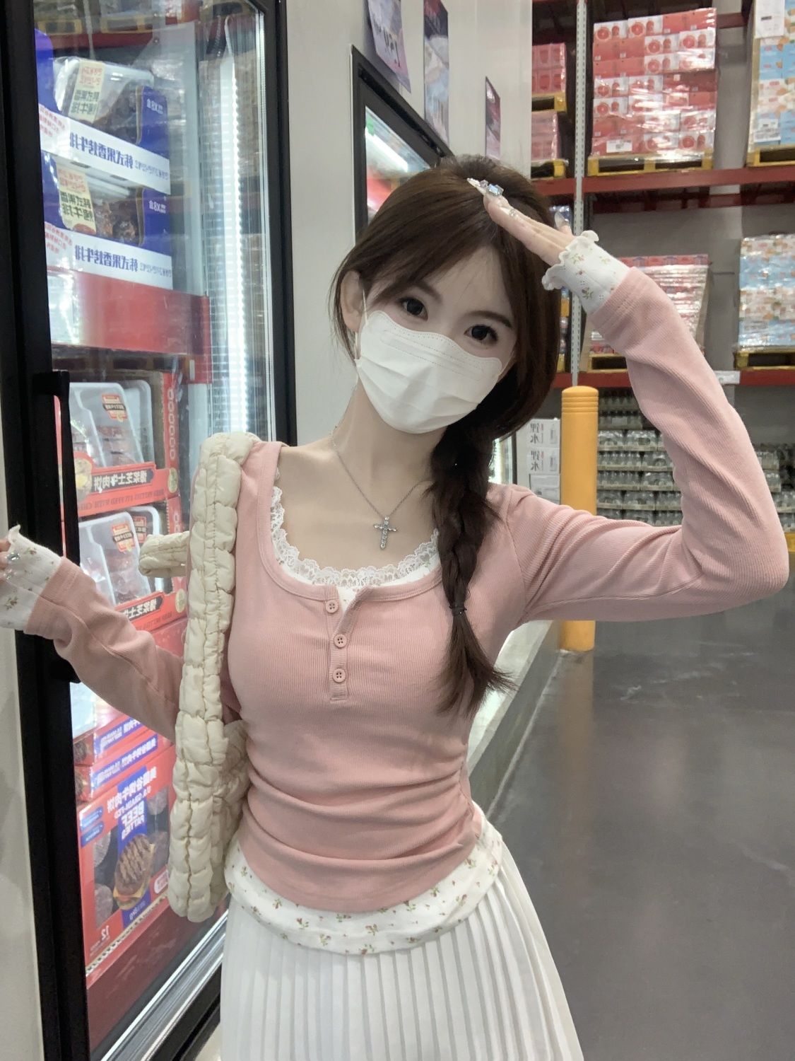 Undershirt Crew Neck - 2026 ピンク花柄ツーピース クルーネック長袖Tシャツ レディース 秋 スリム