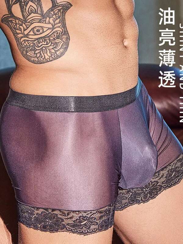男性のボクサーパンティーオイル光沢のある薄手の下着透明レース - Pouch Boxer Pouch のレビューと価格